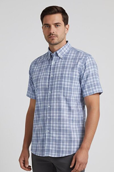 Sabri Özel Kısa Kollu Ekose Desenli Pamuk Erkek Gömlek Lacivert
