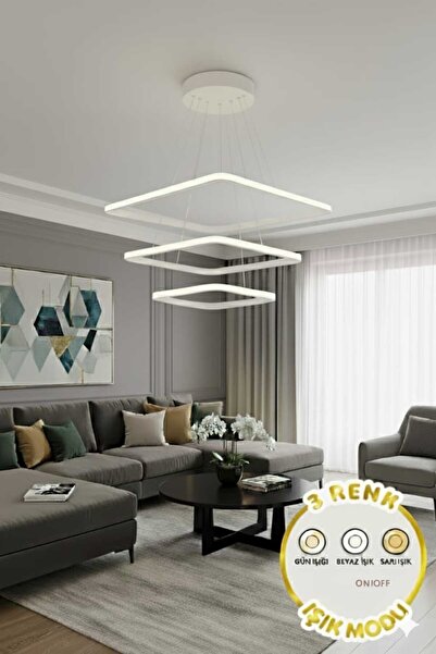 Ece Aydınlatma Frieza Kare,Beyaz Kasa,3 Led Renk Işıklı Avize