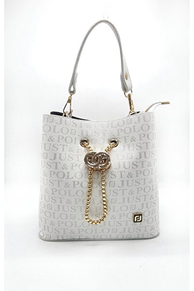 Just Polo حقيبة كتف نسائية بيضاء مكونة من 5 أقسام وحزامين مع أشرطة سميكة