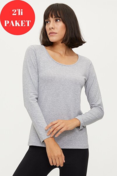 Bross Gray Undershirt Cotton Women's Long Sleeve Set of 2 - 1219