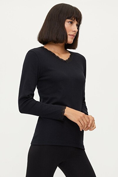 Bross Women's Lace Long Sleeve Black Undershirt 1033