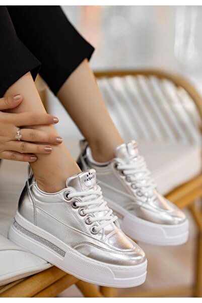 Zerenyus Lulu Thick Sole Laced Orthopedic Silver Patent Leather Women's Sports Shoes