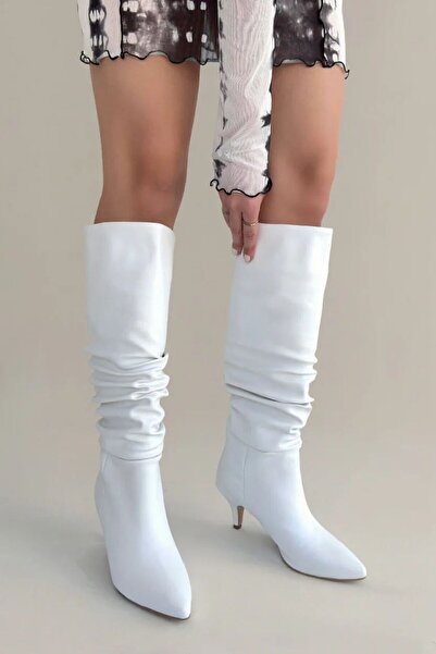 Difolia Cizme de damă cu toc - Vern White Cizme de cowboy cu burduf sub genunchi Toc migdale Toc scurt