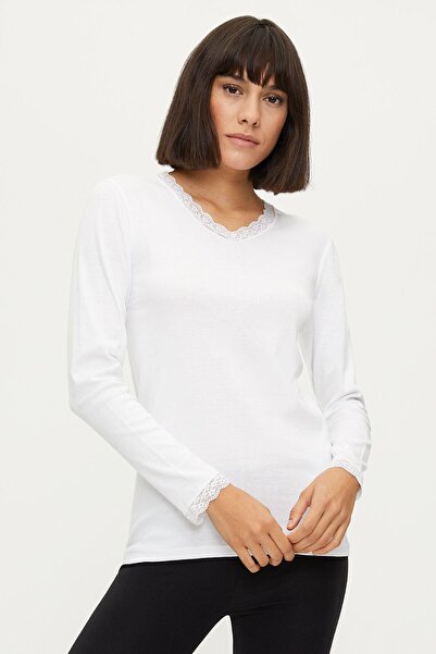 Bross Women's Lace Long Sleeve White Undershirt 1033