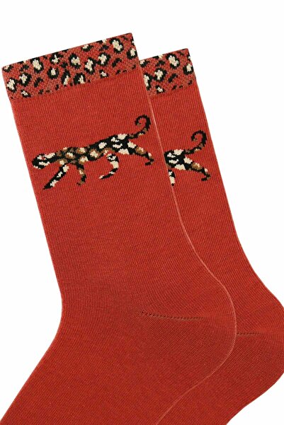 Bross Women's leopard print brown crew socks