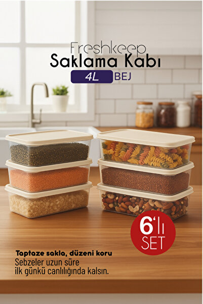 bizimevde Freshkeep 6-Piece 4L Beige Storage Container - Food Preservation, Microwave and Freezer Compatible