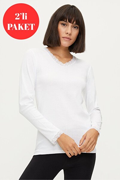 Bross 1033 100% βαμβακερό μακρυμάνικο μπλουζάκι σετ 2 τεμαχίων σε λευκό χρώμα