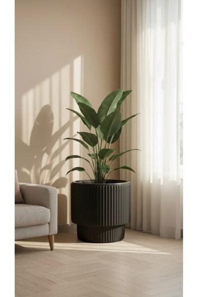 esm vase DEKORATİF ÇİZGİLİ SİYAH BÜYÜK EV OFİS SAKSISI