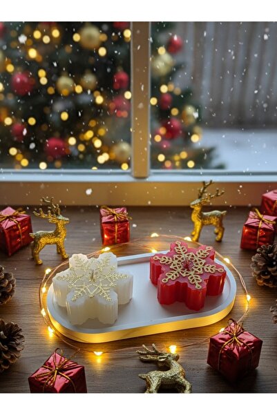 DRN Yılbaşı Beyaz ve Kırmızı Kar Tanesi Mum Seti, Sunum Tabaklı -3 Parça-