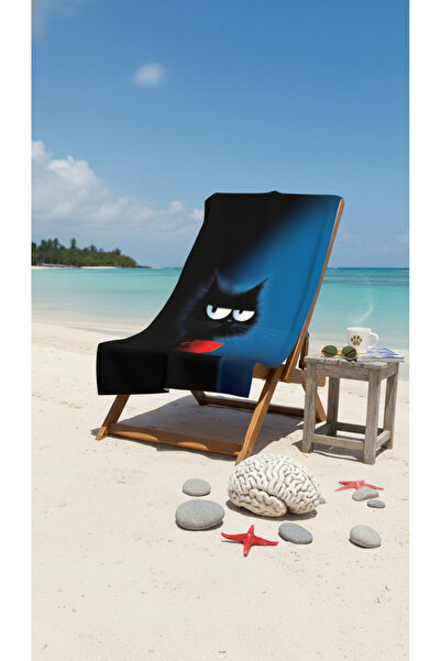 BETHA Cat Drinking Coffee Patterned Cotton Beach Towel – Patterned Design – 75X150 cm