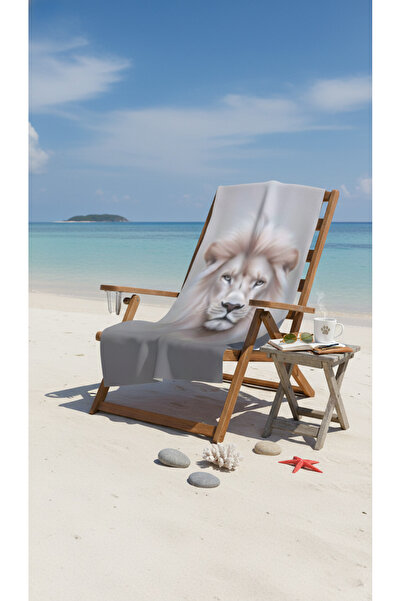 BETHA Noble Lion Patterned White Cotton Beach Towel – Patterned Design – 75X150 cm