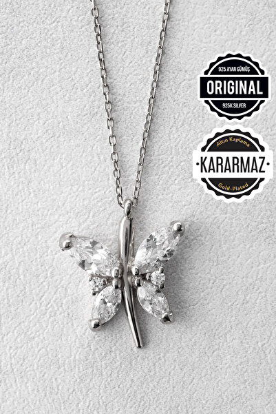 Jewelmim Kelebekli Gümüş Kolye 18 Ayar Beyaz Altın Kaplama Kelebek Kolyesi 925 Ayar Kadın Gümüş Kelebek Kolye
