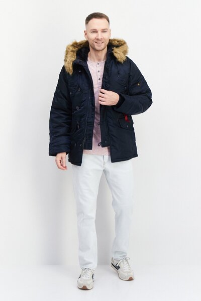 Alpha Industries Men Faux Fur Plain Hooded Parka Jacket, Navy Blue