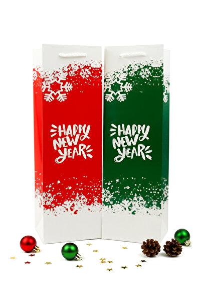 repro design Yılbaşı Temalı 2 Adet Yeşil-Kırmızı Happy New Year Baskılı Şişe Boy Karton Çanta, Hediye Kutusu