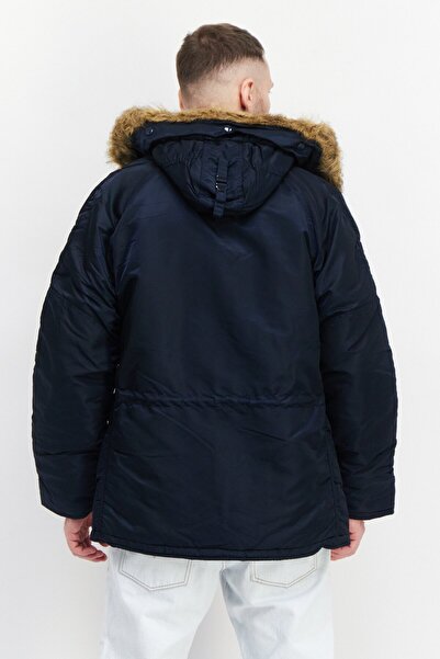 Alpha Industries Men Faux Fur Plain Hooded Parka Jacket, Navy Blue