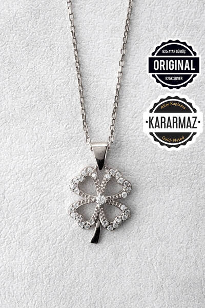 Jewelmim Dört 4 Yapraklı Yonca Gümüş Kolye 18 Ayar Beyaz Altın Kaplama 925 Ay...