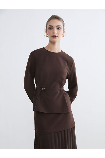 LC Waikiki Brown Crew Neck Belted Blouse