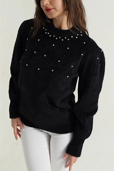 Piedra Women's Crew Neck Black Rhinestone Soft Texture Bearded Sweater