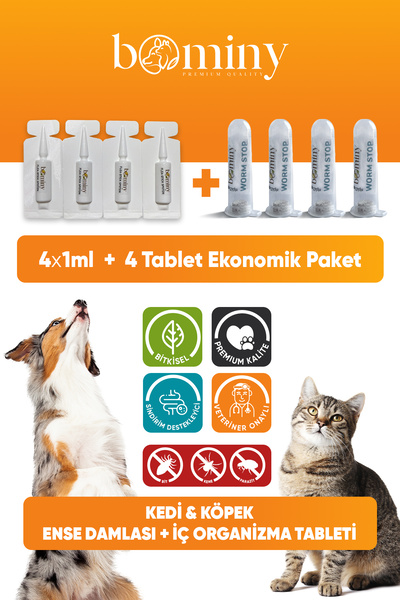 bominy pet Kedi Köpek İç Dış Tüy ve Deri Bakım Damla Tablet 8'Li Avantajlı Paket %100 Bitkisel İçerik (Parazit)