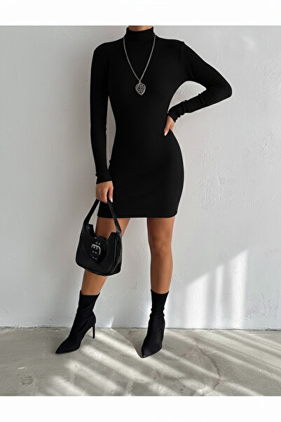 Karataş Giyim Women's Black Color Mock Neck Ribbed Knit Fabric Mini Dress Len...