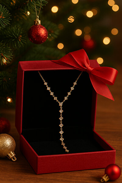 BESMYAR JEWELS Zirkon Taşlı Altın Renk Y Kolye | Şık ve Zarif Gece Elbisesi Takısı & Hediyelik Kolyeler