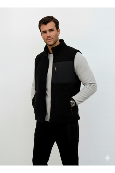 OXVİN Furry Plush Vest Woolen Lamb Welsoft Bone Zipper Pocket Detail (Full Size)