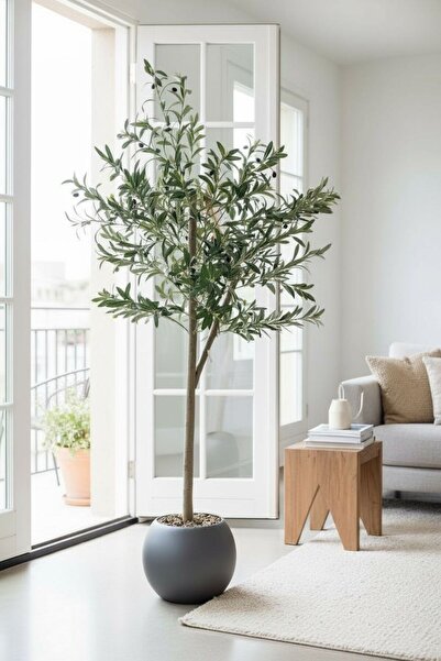 Casco شجرة زيتون صناعية أنيقة بأصيص دائري رمادي 180سم