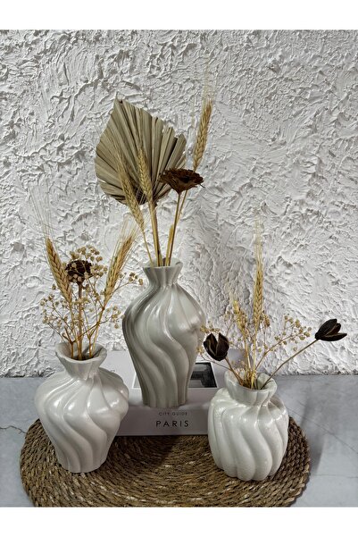 Zigzag Home Decorative Bohemian Style 3 Piece Twist Art Bohemian Style Vase Set Flower Vase Figurine Set Beige Color