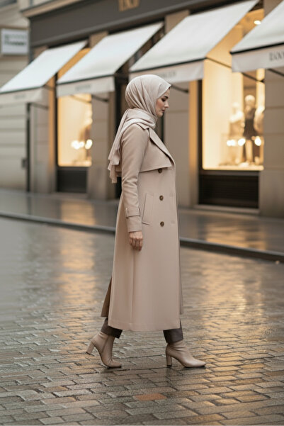 Zeneva Collection Yeni Bej - %100 Pamuk Uzun (110CM) Astarlı Kadın Tesettür Trençkot 1111-TES