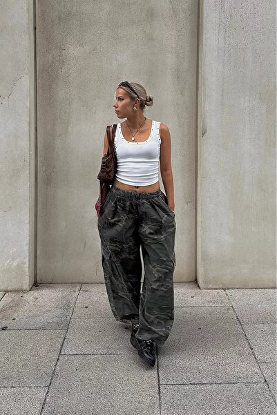 september island Khaki Camouflage Patterned Shalwar Oversize Trousers