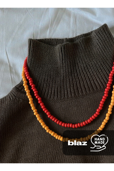 Handmade طقم قلادة مكون من قطعتين – برتقالي وأحمر مصنوع يدويًا بتصميم بسيط لل...