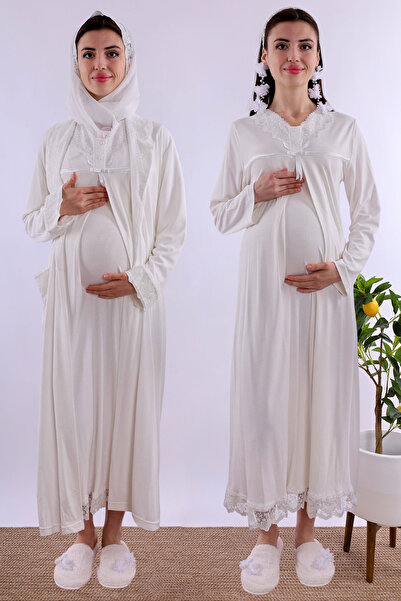 ByLohusa Effortt Ekru Tesettürlü Sabahlıklı Hamile Lohusa Gecelik Takım