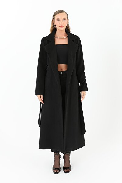 Puane Women's Belted Long Length Lined Black Cashew Coat 15170