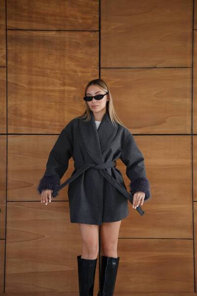 MAXXANA Feather Detailed Belted Shawl Collar Jacket