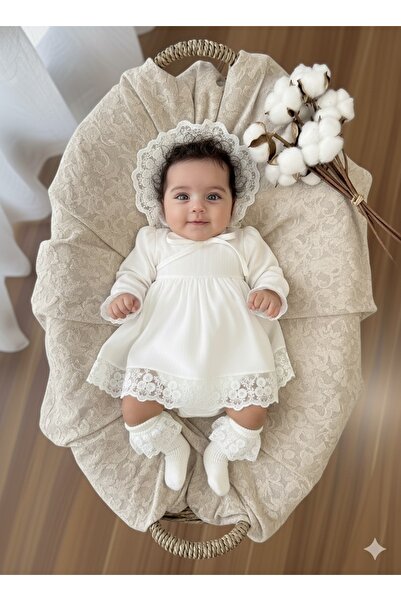 BİYA BABY Organic Muslin Fabric Lace Detailed Ecru Baby Mevlit Dress Set