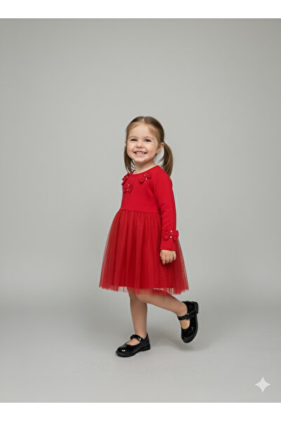 EFLİNS Girl's Dress, Red, with Tulle Skirt, Bow and Stone Details