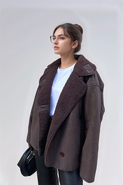 Paragon Else Bitter Brown Suede Textured Oversize Zr Model Coat with Plush Fur Inside