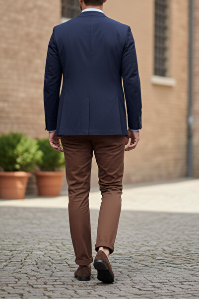 TheSeason Men's Cinnamon Brown Gabardine Cotton Slim Fit Stretch Chino Trousers