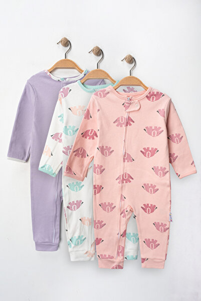 DEFNE LİNA BABY Baby Girl Patterned 3-Piece Jumpsuit Set 100% Cotton Seasonal...
