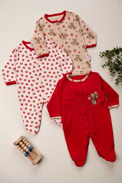 DEFNE LİNA BABY Baby Girl Printed Cotton Booties 3-Piece Jumpsuit Set Colorful Patterned 3-6-9 Months Baby Outfit