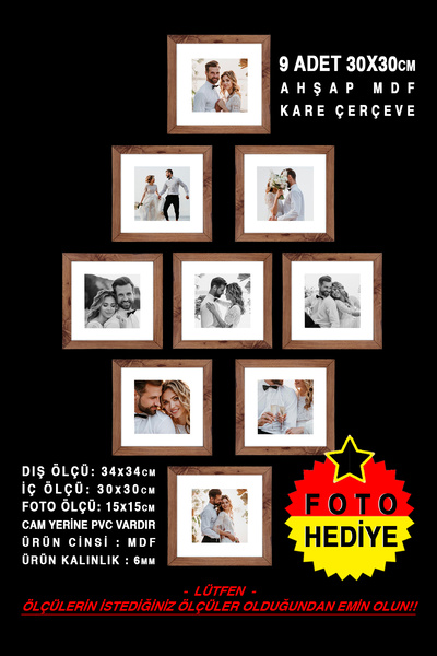 yhfoto 9 Adet 30x30 Çerçeve - Kemençe Çerçeve - Mdf Kare Çerçeve - Fotoğraf Çerçeve Seti