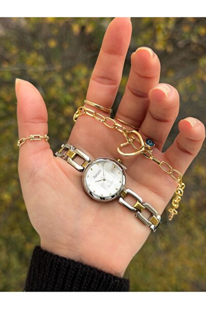 Ferrucci ساعة يد نسائية مقاومة للماء سلك فولاذي بلونين + سوار