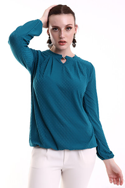 Şiir Kadoma Γυναικεία πλεκτή μπλούζα με πλισέ γιακά με αξεσουάρ, πλεκτή από χτενισμένο βαμβάκι, μακρυμάνικη μπλούζα & μπλούζα χιτζάμπ - Πετρόλ