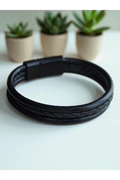 DEHNA Siyah Deri Bileklik Örgü Deri, Mıknatıs Kapama, Şık ve Modern Tasarım, 3 Beden