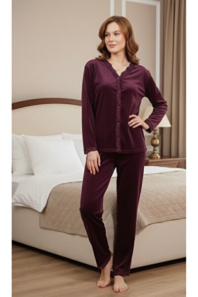 NOCHES PYJAMAS طقم بيجامة نسائي مخملي بأزرار طويلة مع تفاصيل من الدانتيل