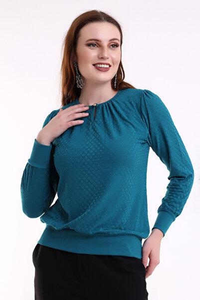 Şiir Γυναικεία μπλούζα με κορδόνια με κουμπιά, πλεκτή ζακάρ, ελαστική μακρυμάνικη μπλούζα & μπλούζα χιτζάμπ - Petrol