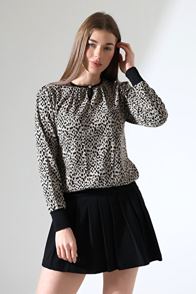 Şiir Harare Γυναικεία μαζεμένη λαιμόκοψη με κουμπιά LEOPARD Ζακάρ ελαστική χτενισμένη βαμβακερή μακρυμάνικη μπλούζα & μπλούζα Hijab