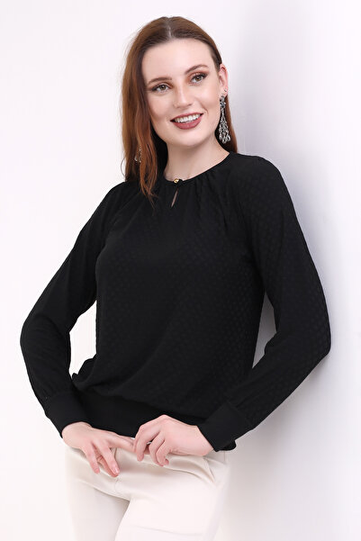 Şiir Γυναικεία μπλούζα με κορδόνια με κουμπιά πλεκτή ζακάρ ελαστική μακρυμάνικη μπλούζα & μπλούζα χιτζάμπ - Μαύρη