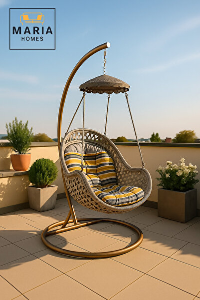 MARIA HOMES Modern Grey Rattan Hanging Swing Chair with Stand and Canopy for ...