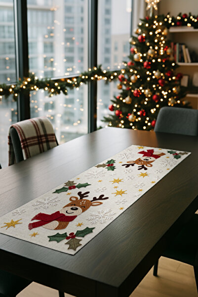 Artvibe Față de masă cremă cu model de cerb cu aspect brodat cu tematică de Anul Nou - imprimat digital